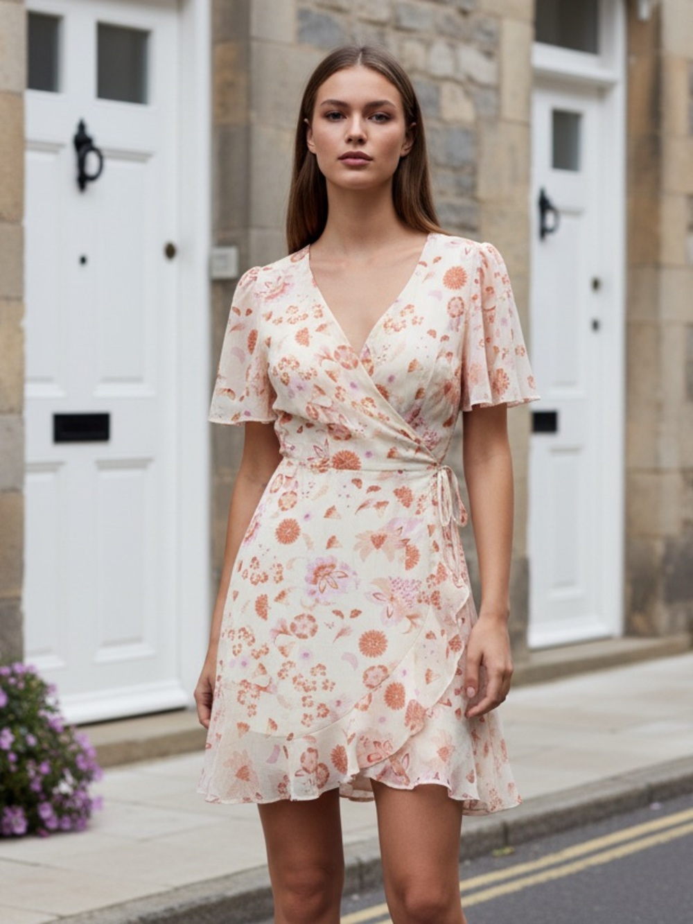 LUSH Beautiful & Romantic Floral Peach Wrap Mini Dress
